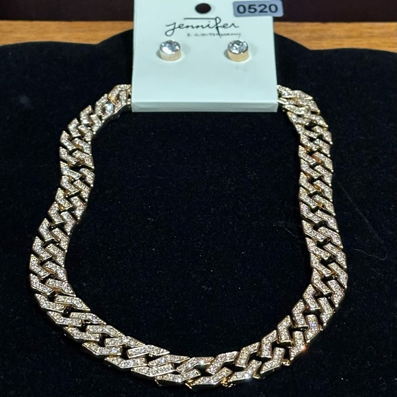 Gold & Rhinestone Cuban Flat Link Reversible Necklace & Earring Set, NWT - Picture 5 of 8